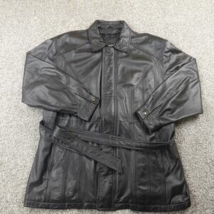 Colebrook Leather Jacket Mens 2XL Black Belted Long Full Zip Car Coat Motorcycle